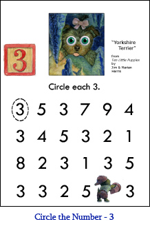 Circle the Number Worksheet  Three (3) with Yorkshire Terrier puppy art and a “3” number block from the children’s counting book, Ten Little Puppies.